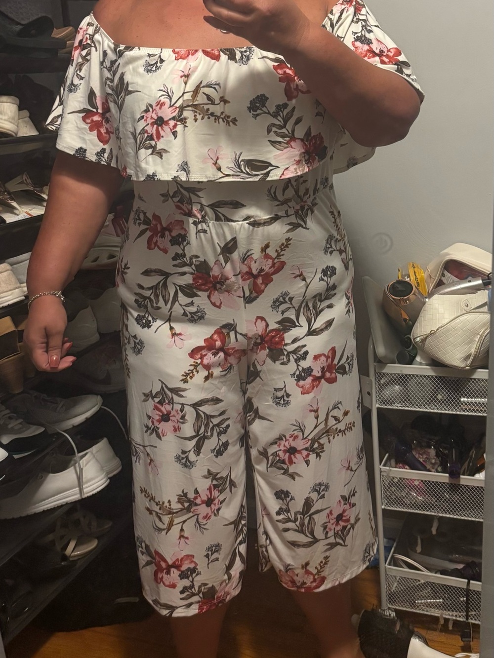 Off-Shoulder Floral Jumpsuit in Cream and Pink